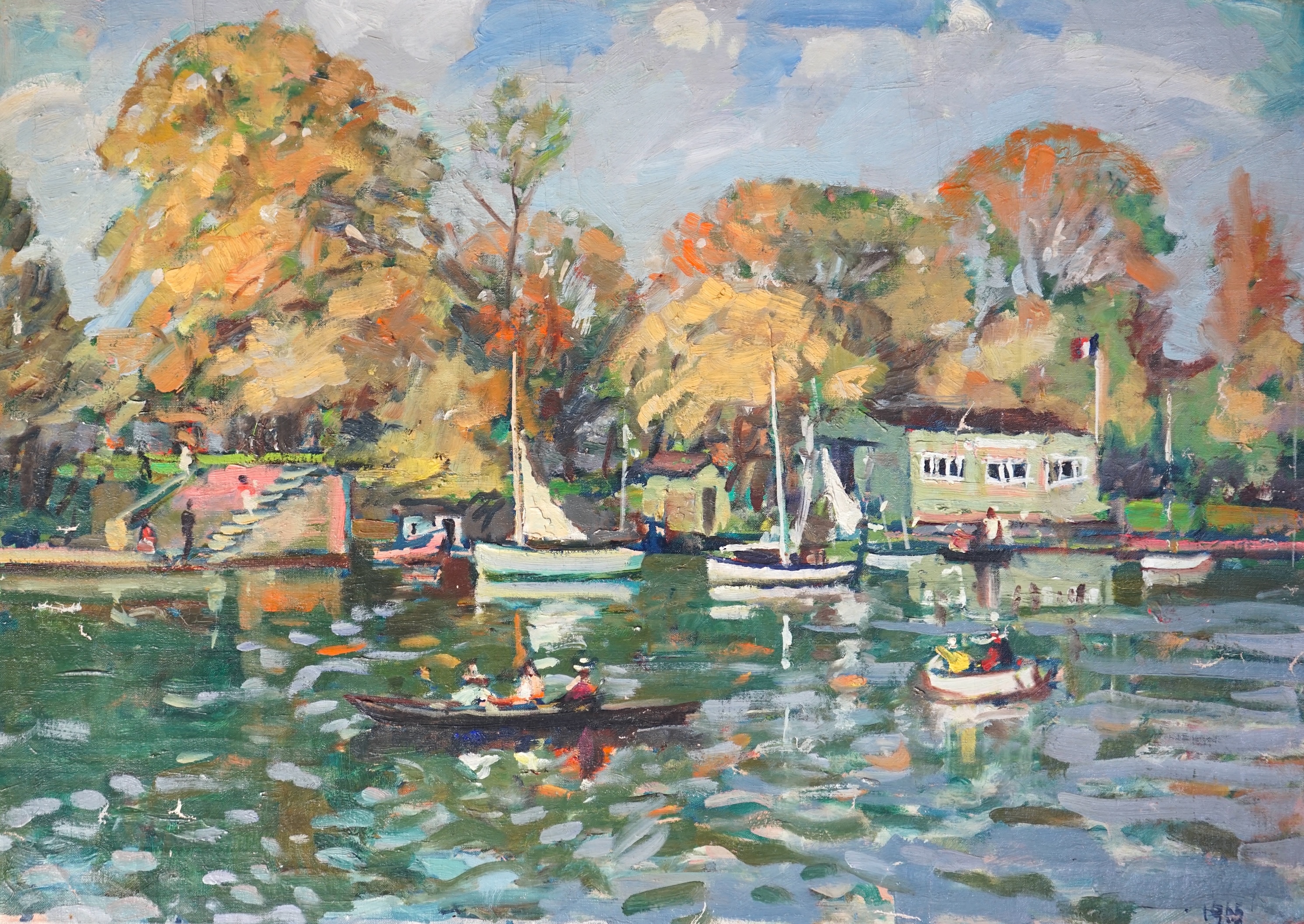 Llewellyn Petley-Jones (1908-1986), River in Autumn, Richmond, oil on canvas, 46 x 65cm